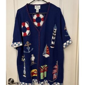 Vintage The Quacker Factory Top Women's 2X Cardigan Sweater Nautical Knit Anchor